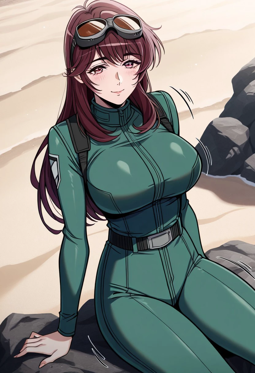 masterpiece, best quality, newest, highres, uncensored, 1girl, yokota mamoru style,1girl, soft smile，motion lines,blush,
Kitazawa Makiko OVA, brown hair, long hair, large breasts, pink eyes,Slim,bang,The long bangs in the middle,Straight bangs,
1girl, green-diving-suit, goggles on head, brunette, brown-eyes, beach, sitting, on-rock, tide, long-hair, absurdres, highly-detailed, best quality, masterpiece, very aesthetic，1girl，solo,