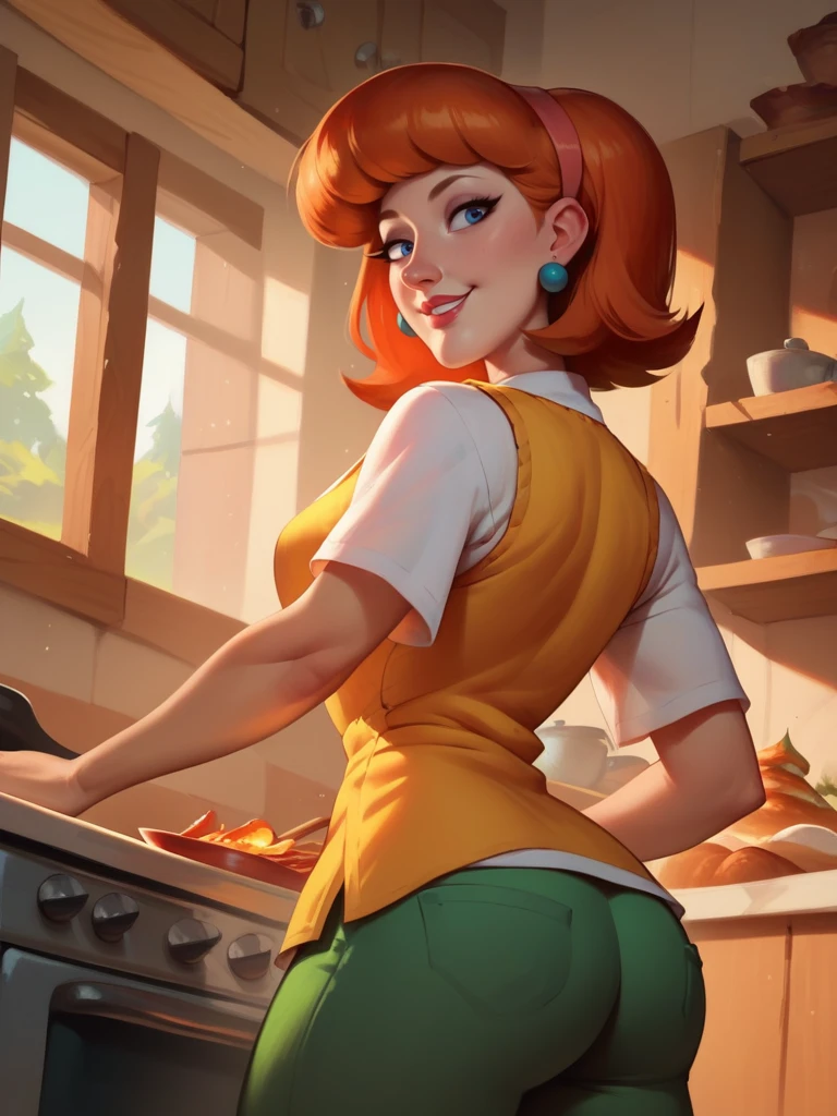 score_9, score_8_up, score_7_up, 1girl, dynamic pose, cowboy shot, light smile, looking at viewer, sexy pose, sexually suggestive, from side, from below, cooking, kitchen, detailed background,,
 <lora:ALindaFlynn_character:0.8>, LindaXL, orange hair, short hair, blue eyes, hairband, earrings, white shirt, yellow vest, lipstick, green pants,<lora:Bonifasco_PonyXL_v1:0.6> cartoon