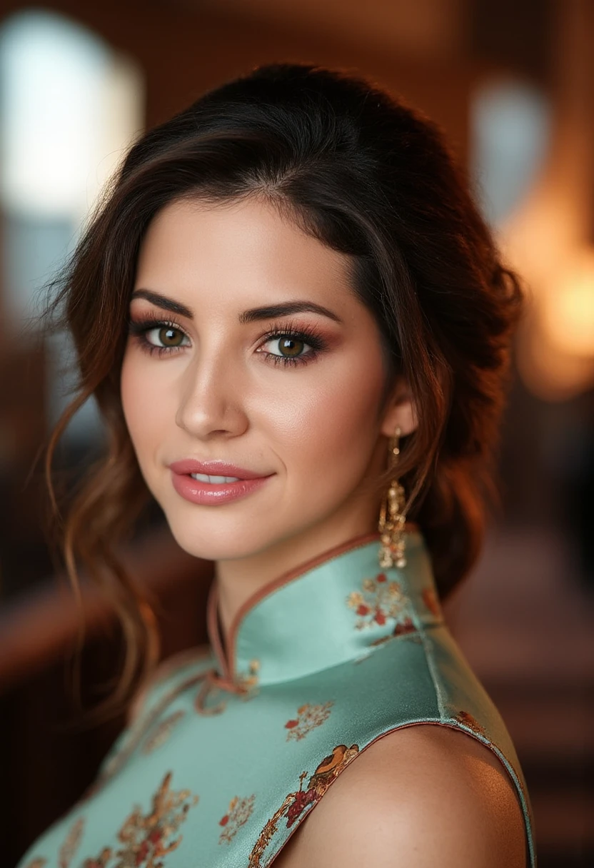 the image is a high-quality professional  close-up photograph of  beautiful hopedworaczyk .  She is wearing china dress (cheongsam/qipao). She is looking directly at the viewer and smiling. The background is runway. This photo is a headshot. Shot with small amount of film grain. This is a SFW image. 