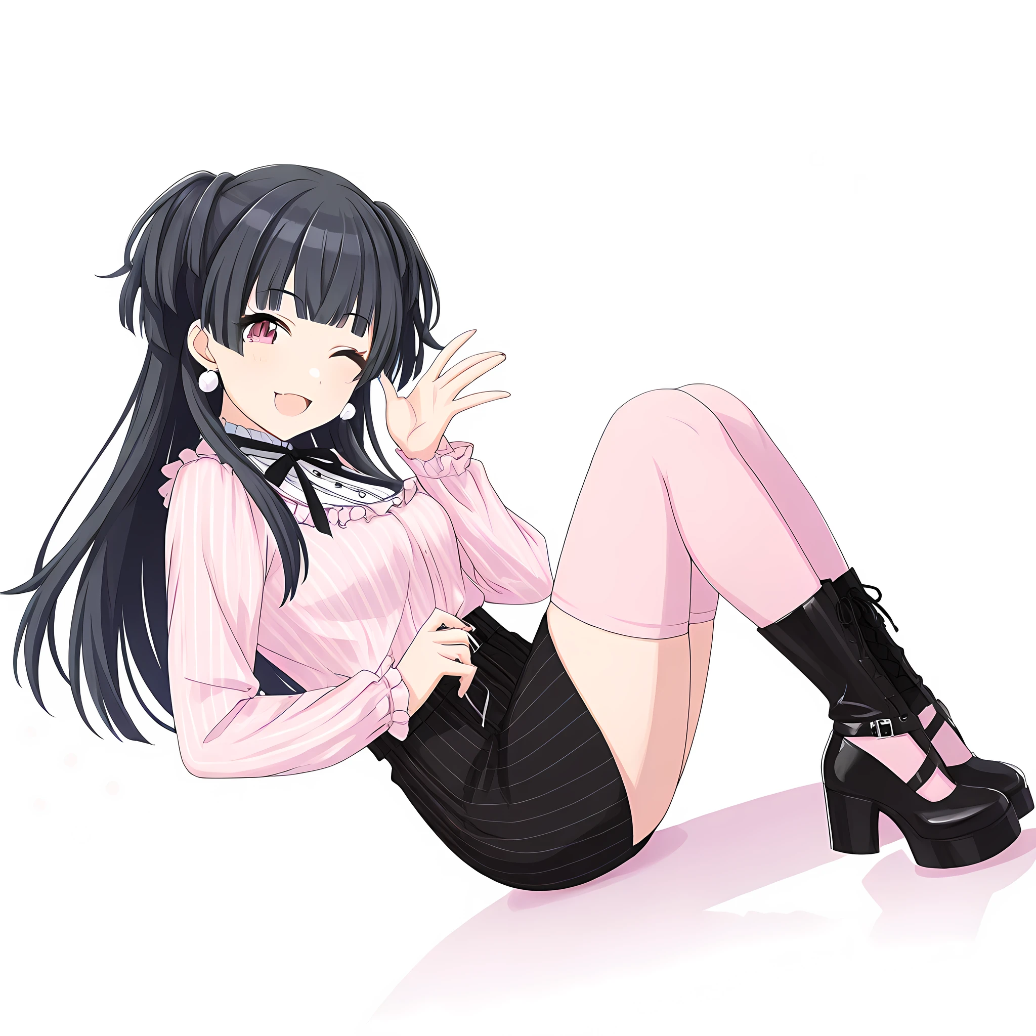 mayuzumi_fuyuko, 1girl, one eye closed, skirt, thighhighs, black hair, long hair, smile, black footwear, jewelry, earrings, brown eyes, white background, black skirt, bow, open mouth, shirt, striped, long sleeves, ;d, full body, looking at viewer, bangs, poplinkoutfit<lora:MayuzumiFuyukoIllustXL:1>, (masterpiece),(best quality),(ultra-detailed),(best illustration),(best shadow),(absurdres),(detailed background),(very aesthetic),