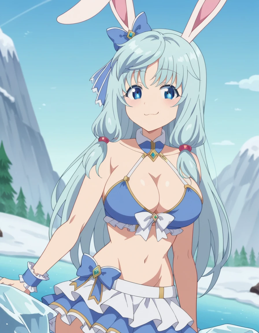 score_9, score_8_up, score_7_up, source_anime, <lora:shea-haulia-s3-ponyxl-lora-nochekaiser:1>, shea haulia, long hair, bangs, blue eyes, large breasts, bow, ribbon, animal ears, blue hair, hair bow, rabbit ears, sidelocks, anime screencap, skirt, cleavage, bare shoulders, frilled skirt, navel, swimsuit, bikini, midriff, bikini top only, blue bikini,, glacier, ice, cold, blue, snowy, , smug, looking at viewer, solo,, dutch angle, cowboy shot