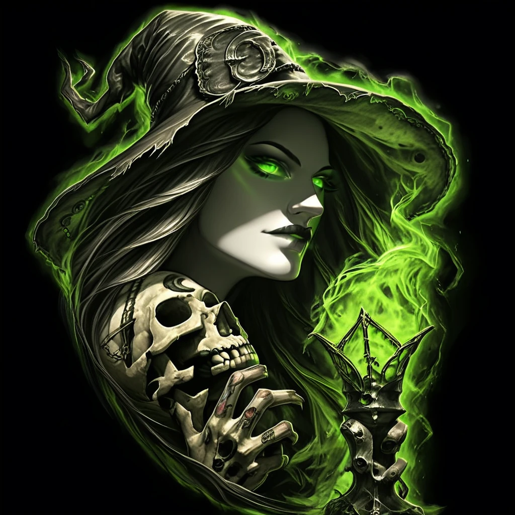 grayscalecolorpoptattooart, tattoo art design, tattoo flash art style, hat, green eyes, solo, 1girl, skull, witch hat, black background, glowing, long hair, looking at viewer, witch, black background, Grayscale with vibrant green, glowing eyes