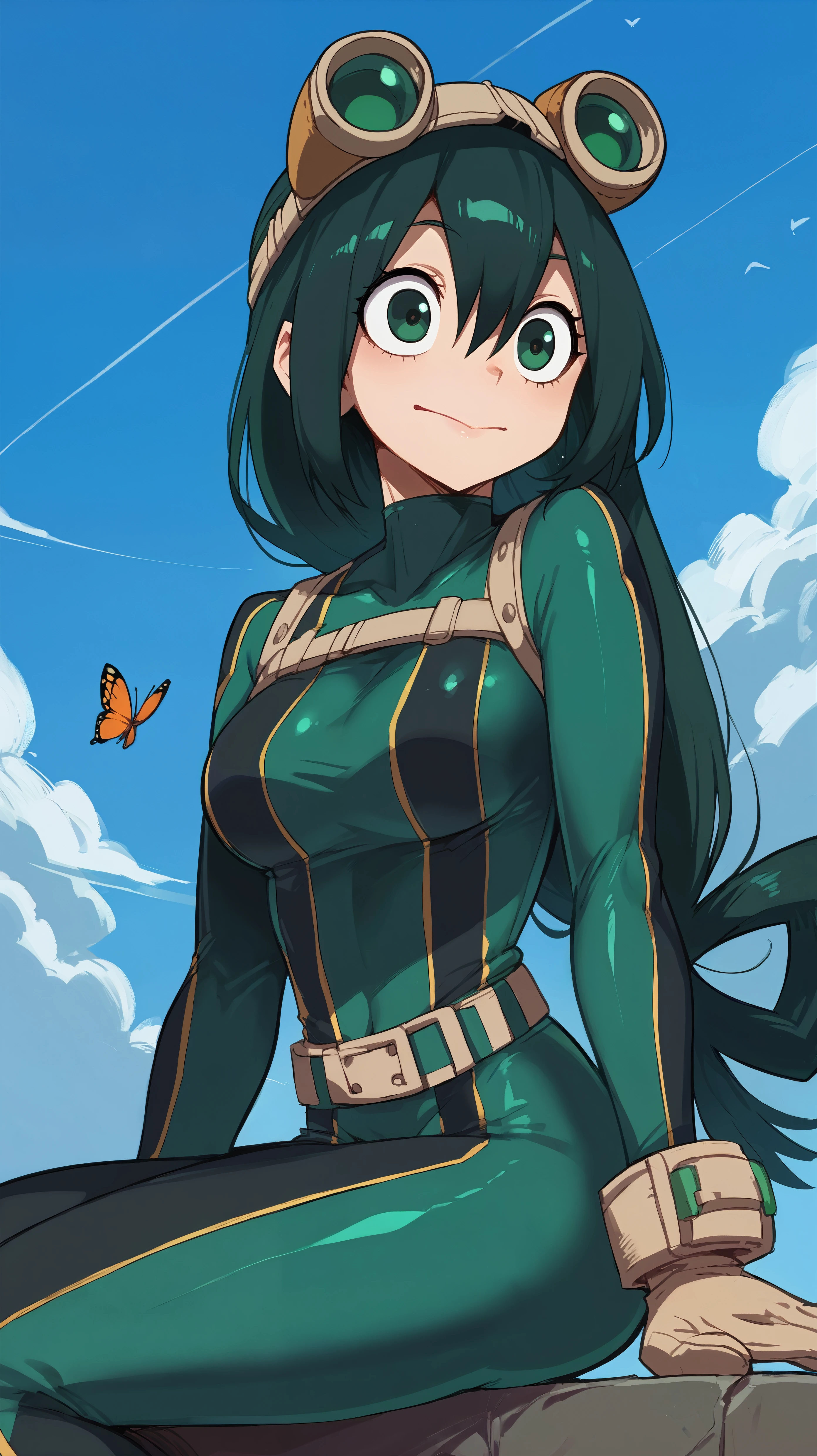 score_9,score_8_up,score_7_up,score_6_up, source_anime, girl,  <lora:Frerry_epoch_15:0.7>, Frerry, dynamic pose, butterfly sitting,   <lora:Tsuyu Asui (Froppy) - Pony:0.6> long hair, green hair, low tied hair, hair rings, green eyes, green bodysuit, black bodysuit, multicolored bodysuit, skintight, goggles, goggles on head, gloves, belt, large eyes,