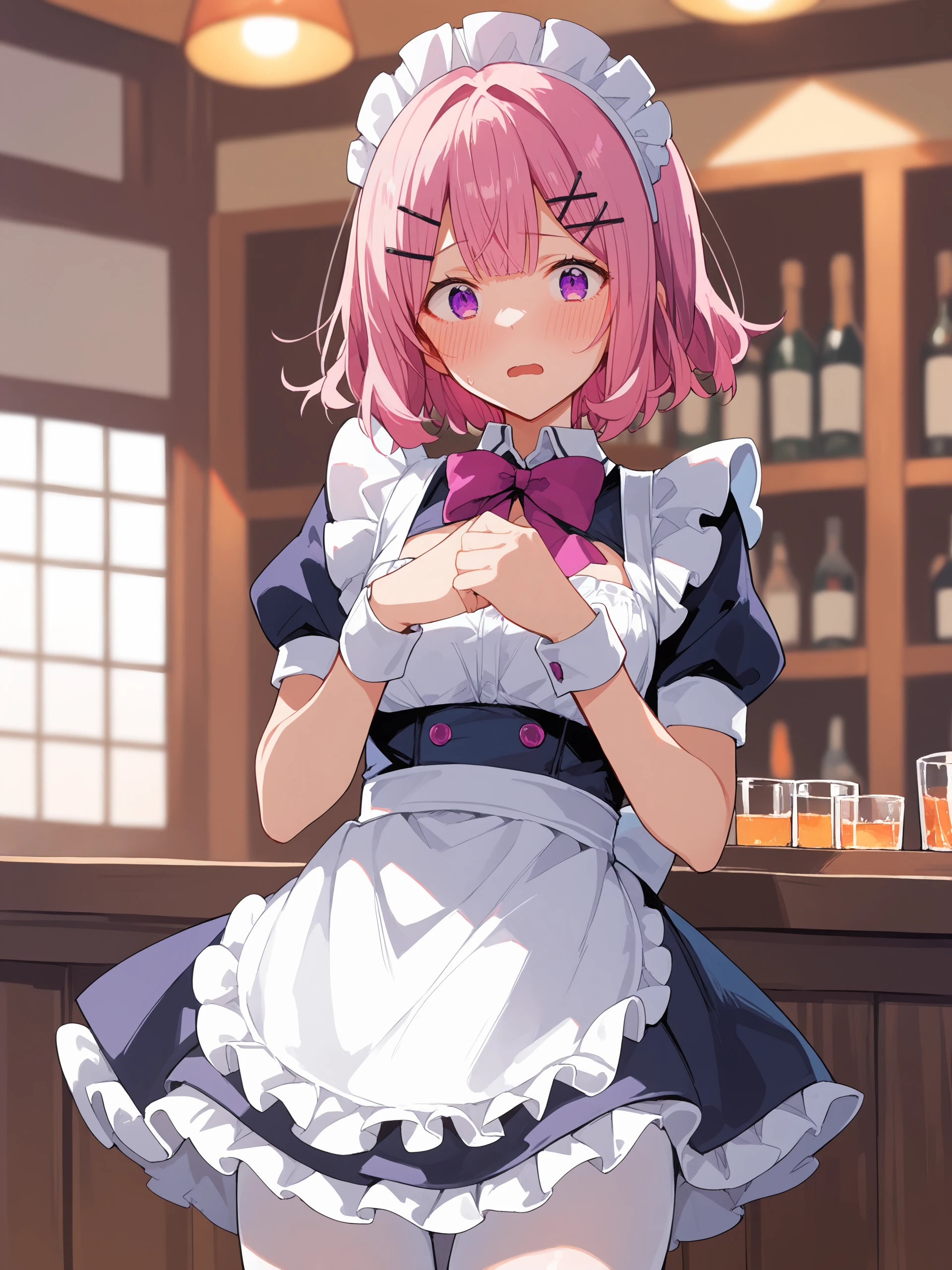 1girl, amaori renako, solo, purple eyes, hairclip, maid, maid headdress, maid apron, embarrassed, white pantyhose, open mouth, blush, parted lips, looking at viewer, cowboy shot, bar \(place\), indoors, depth of field score_9, score_8_up, score_7_up, source_anime <lora:Char-Amaori_Renako-V1-pony:0.9>