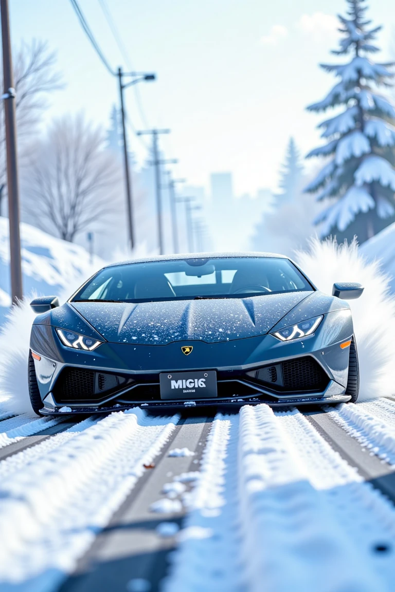 A Lamborghini roars down a snowy highway in Zootopia, snowflakes swirling around it like diamonds dancing on the wind. The sleek car's tires leave tracks in the fresh powder as it speeds by, a dashing figure in a winter wonderland. Snow-crystals glinting on the hood and windshield, the vehicle's design pops against the pristine white backdrop.