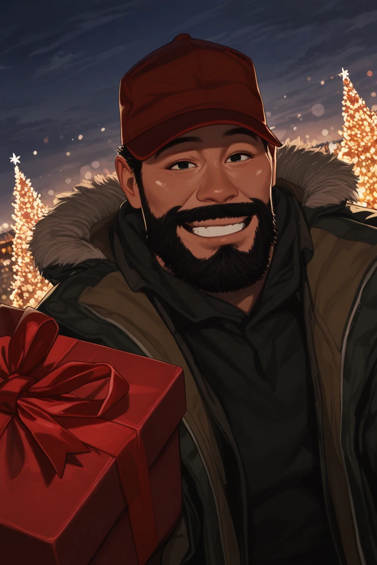 realistic shading, natural lighting, 1stmale focus, looking at viewer, expressive face, GinTG, black_GinTG_facial hair, black_GinTG_male hair, red_GinTG_hat, black eyes, 1stboy, holding a gift box, smiling, happy, shiny skin, santa claus cosplay, red headwear, fur-trimmed coat, snowflake, christmas theme, outdoors, christmas lights, bokeh, cloud, centered, dutch angle, dynamic angle, atmospheric perspective, intricately detailed illustration, depth of field, masterpiece, best quality, amazing quality, very aesthetic, absurdres, newest