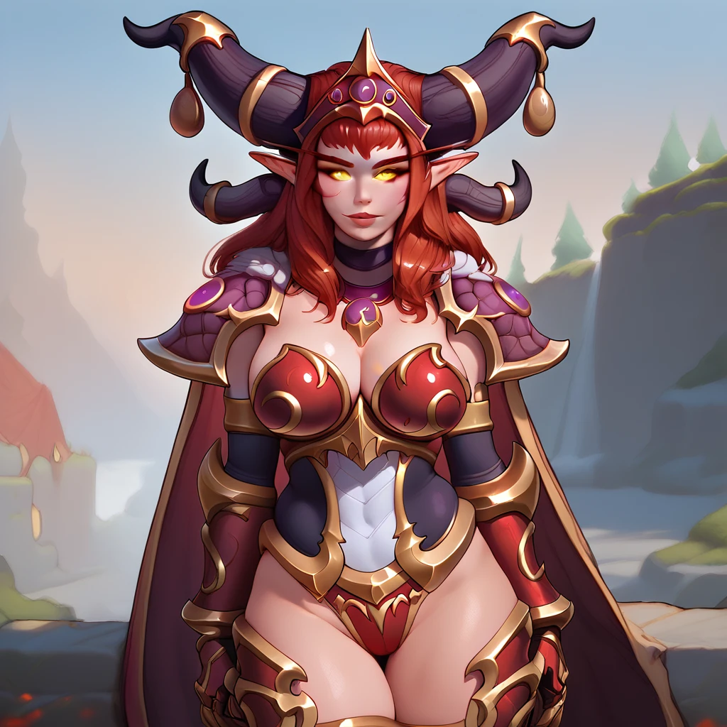 a portrait of a female elf warrior, long burgundy ponytail, black and burgundy armor bikini with busty cleavage, highly detailed face, great aesthetics, curvaceous, amplehips, magnificently detailed accentuated big booty, thick_thighs, breathtaking detail, breathtakingly beautiful, precise lineart, vibrant, comprehensive cinematic, Bastien Lecouffe-Deharme and Greg Manchess and artgerm