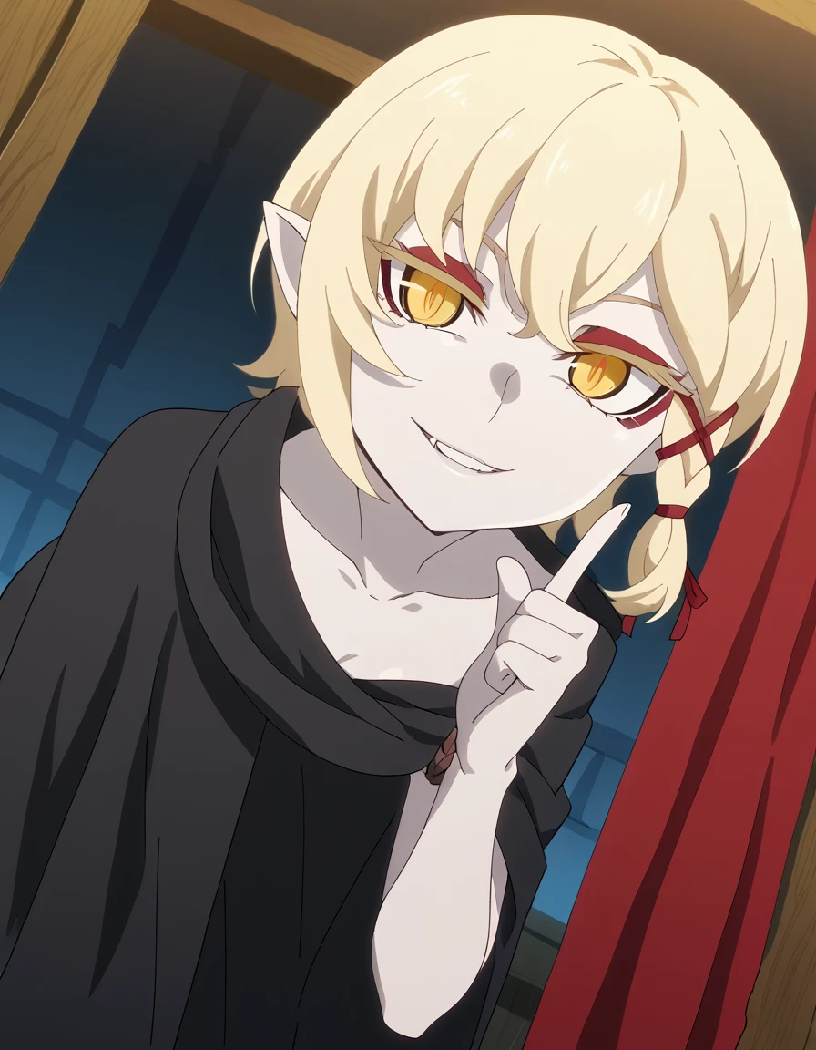 score_9, score_8_up, score_7_up, source_anime, <lora:deathtopia-virtuoso-suicide-master-offmonster-ponyxl-lora-nochekaiser:1>, deathtopia virtuoso suicide-master, short hair, blonde hair, braid, side braid, yellow eyes, slit pupils, mature female, small breasts, vampire, pointy ears, makeup, anime screencap, nude, naked cloak, black cloak, collarbone,, rope bridge, wood, rope, suspension, height, smile, <lora:finger-to-cheek-ponyxl-lora-nochekaiser:1>, finger to cheek, index finger raised, pointing at self, bedroom, parted lips, leaning forward, bent over, cowboy shot, dutch angle,, looking at viewer, solo,, dutch angle, cowboy shot