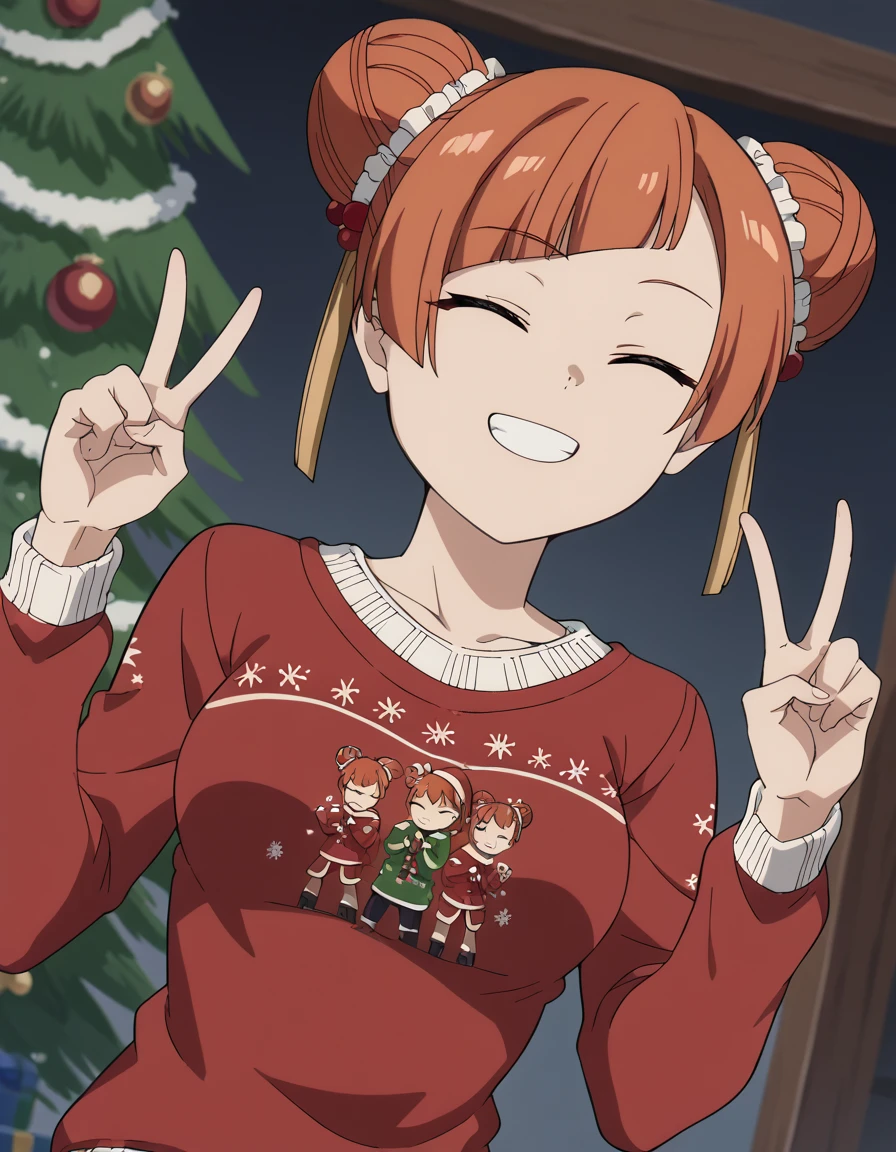 score_9, score_8_up, score_7_up, source_anime, <lora:laufen-s1-ponyxl-lora-nochekaiser:1>, laufen, hair bun, double bun, orange hair, brown eyes, hair ornament, medium breasts, anime screencap, <lora:christmas-sweater-ponyxl-lora-nochekaiser:1>, christmas sweater, christmas, ugly sweater, print sweater, red sweater, christmas tree, christmas ornaments, sweater, multicolored sweater, , v, smile, hands up, teeth, closed eyes, cowboy shot,, , dutch angle, cowboy shot