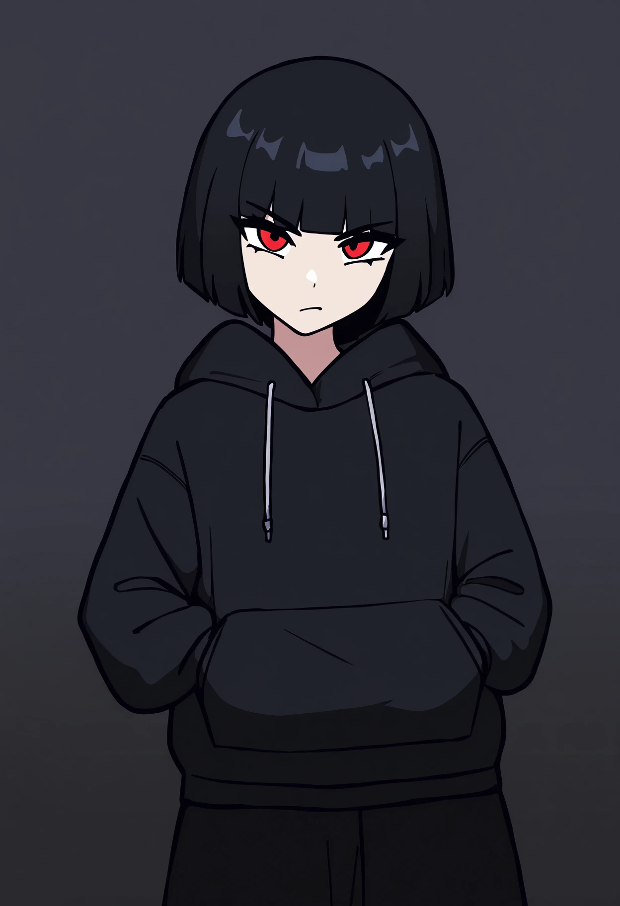 masterpiece, best quality, newest, absurdres, highres, 1girl, solo, red eyes , black shirt, black hoodie, baggy clothes, baggy pants, black hair, black pants, blunt bangs, short hair, detailed background, dark background, angry, closed mouth, head tilt, upper body, dutch angle, looking at viewer, side-eye, dark theme, hands in pockets,
 <lora:derpixon_ill:1>