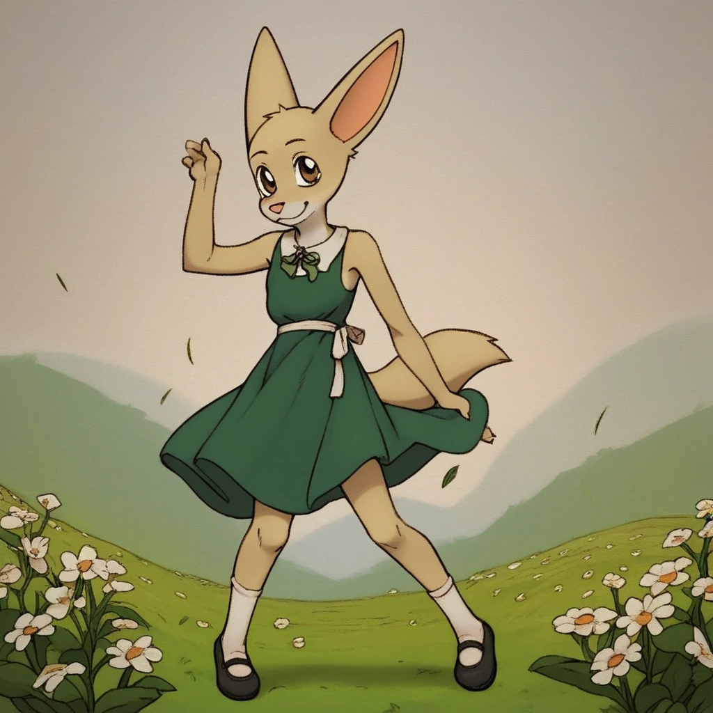 score_9, score_8_up, score_8, score_7, source_furry, Alecia Lewis, solo, 1girl, anthro, female furry, fox, foxgirl, Fennec fox, tan and white fur, brown eyes, large ears, fluffy tail, pink nose, slim figure, full body, looking at viewer, Green dress, white waist strap, tube socks, black Mary janes, skipping, smile, flower field setting,