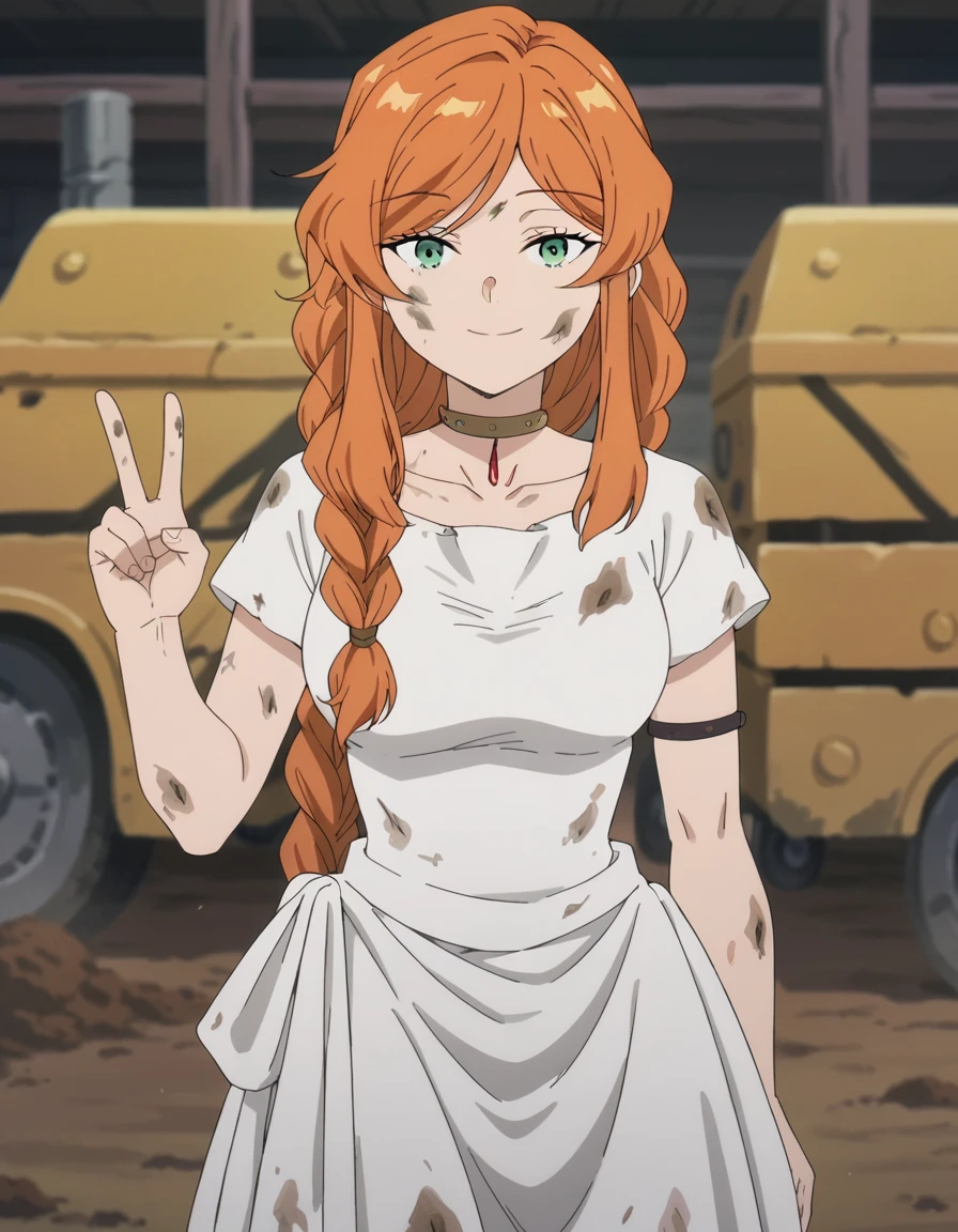 score_9, score_8_up, score_7_up, source_anime, <lora:flamme-s1-ponyxl-lora-nochekaiser:1>, flamme, long hair, green eyes, swept bangs, braid, orange hair, single braid, braided ponytail, medium breasts, anime screencap, dress, collarbone, choker, white dress, short sleeves,, construction site, machines, workers, progress, dirt, smile, v,, looking at viewer, solo,, dutch angle, cowboy shot