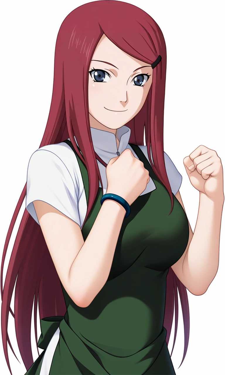 game cg,
breasts,
clenched hand, hand up, 
kushinauzumaki, 1girl, solo, looking at viewer, long hair, hairclip,
green apron, white shirt, collar, bracelet, 
smile, closed mouth, 
white background, 
 <lora:Naruto_KushinaUzumaki_v2_PXL-000018:1>