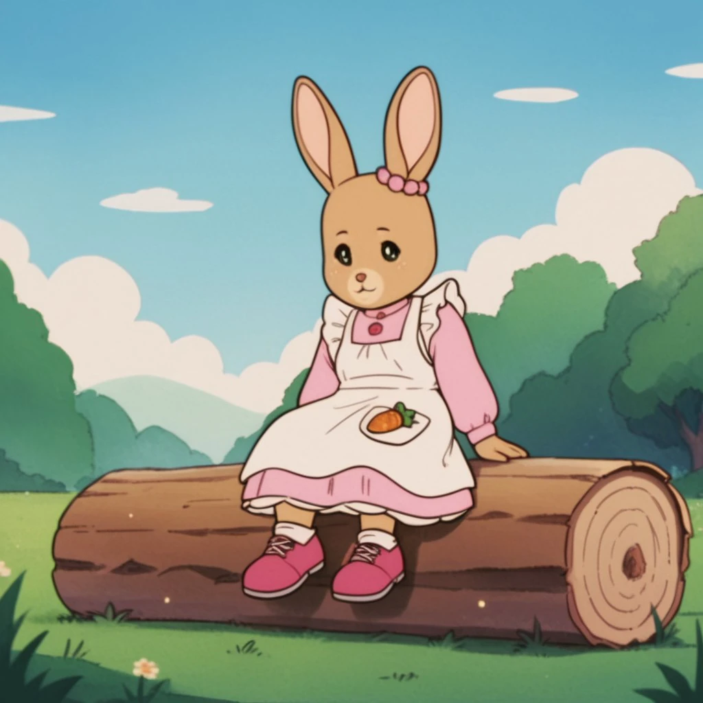 score_9, score_8_up, score_7_up, score_6_up, score_5_up, score_4_up, source_furry, PattyRabbit, anthro, female, rabbit, tan fur, pink dress, white apron, pink shoes, beaded ear ornament, sitting, outside, sitting, on a log, in a field,