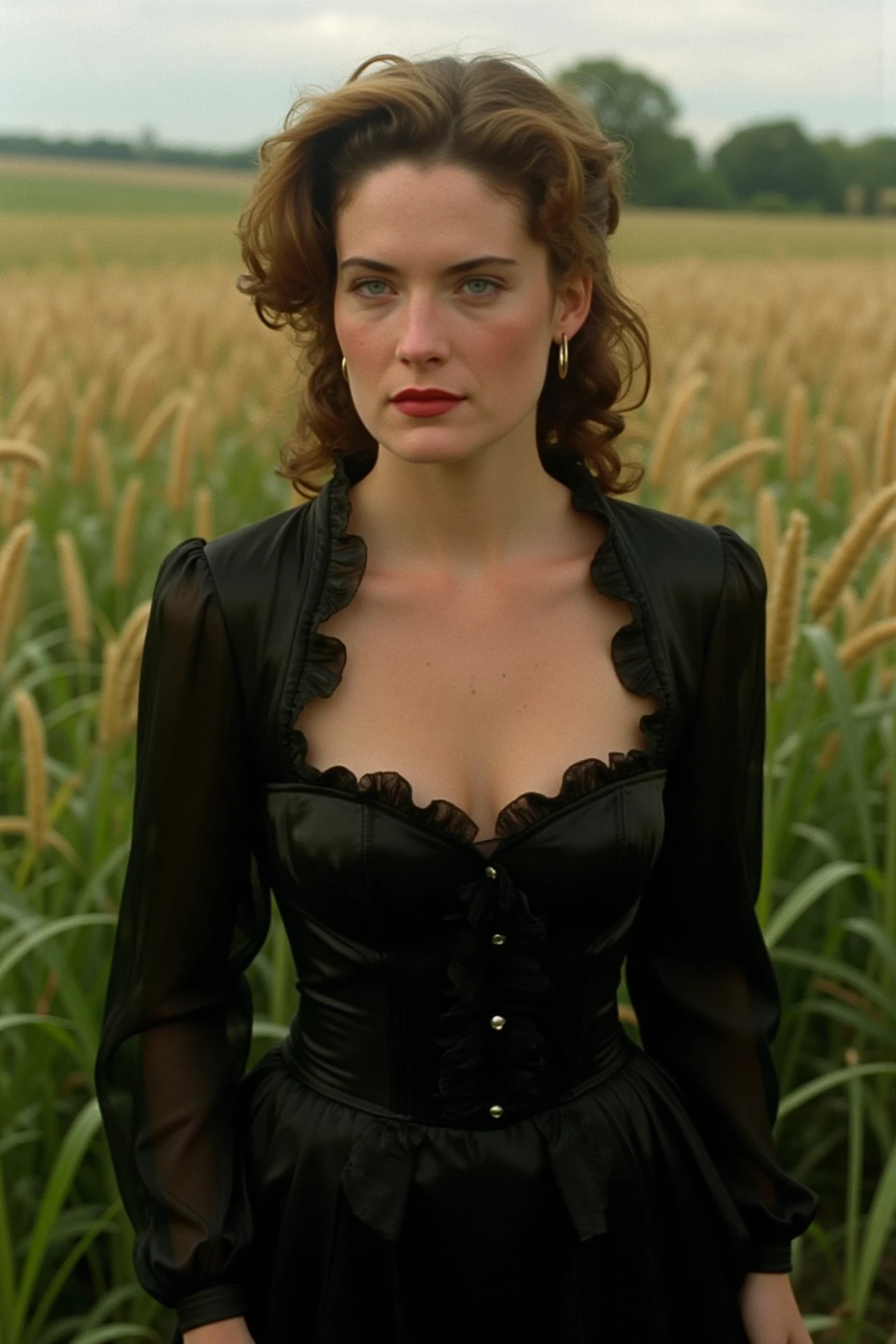 Girl, pale white skin, big breasts, thin waist, big hips, vintage style black dress, evening, forest.