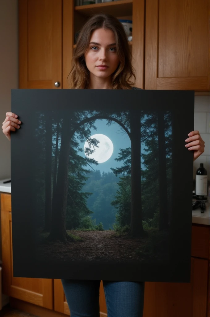 a woman in a kitchen holding a large sign that shows a photo of a view through a keyhole, showing moon over forest. <lora:Flux_Keyhole_Sevenof9-000012:1>