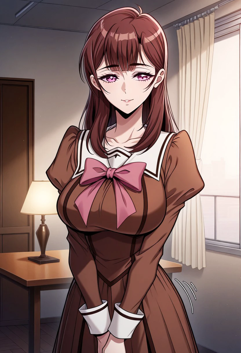 masterpiece, best quality, newest, highres, uncensored, 1girl, yokota mamoru style,1girl, slender face，motion lines,
 Kitazawa Makiko, brown hair, long hair, large breasts, pink eyes,Slim,bang,The long bangs in the middle,Straight bangs
Slim 1girl, solo, brown dress, long sleeves, brown dress, bow, v arms, collarbone, school uniform, breasts scenery, window, indoors, curtains, table, lamp, carpe