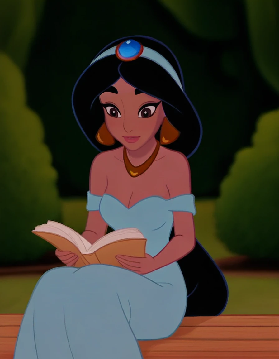 princess-jasmine, reading, garden setting, wearing her blue outfit, gold earrings, blue headband, gold necklace, peaceful expression, lush greenery.  <lora:jasmine-fixed-64:1.2>