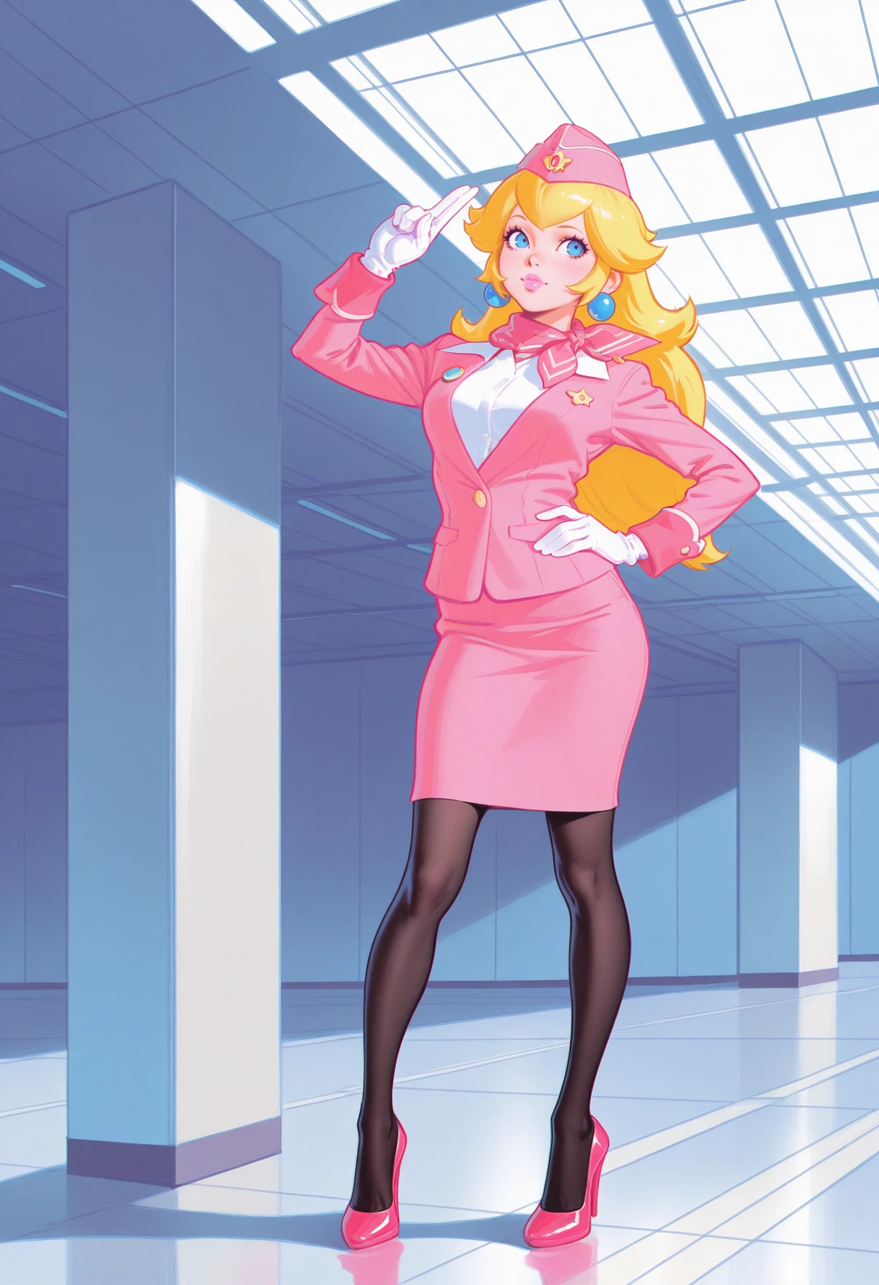 (ilya kuvshinov:0.7), 1girl, princess peach,  <lora:Outfit_Soph-Aeroflot-ILXL42:0.9> st3w4rd3ss, pink jacket, formal,  white shirt, pink garrison cap, pink pencil skirt, black pantyhose, high heels, standing, background airport, hands on hips, sleeve cuffs,  (two finger salute) masterpiece, best quality, very aesthetic, newest