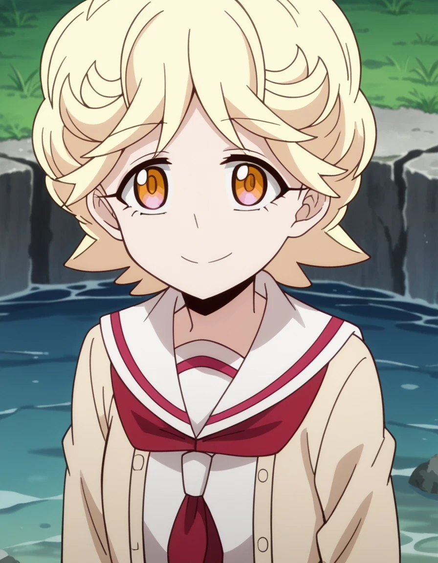 score_9, score_8_up, score_7_up, source_anime, <lora:michiru-inukai-s1-ponyxl-lora-nochekaiser:1>, michiru inukai, short hair, blonde hair, yellow eyes, anime screencap, cardigan, dress, school uniform, sailor dress, red neckerchief, white sailor collar,, aqueduct, water, stone, arches, ancient, smile, hands behind back, bent over,, looking at viewer, solo,, dutch angle, cowboy shot