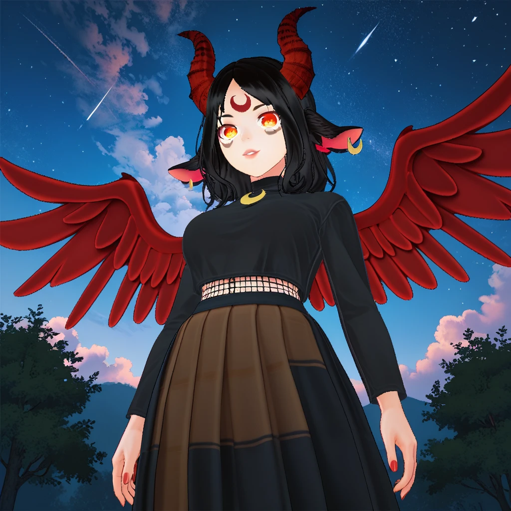 score_9, score_8_up, score_7_up,1girl,goat girl, red horns, eyes, red eyes, orange eyes, multicolored eyes, animal ears, black hair, red wings, facial mark, medium hair, yellow eyes, parted bangs, single earring, forehead red mark crescent, breasts, lips, horns, demon horns, feathered wings, night sky, horizontal pupils, marks below eyes