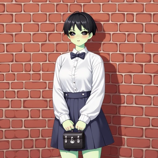 dress, ahoge, brick wall, bag, blush, black hair, long sleeves, bow, white shirt