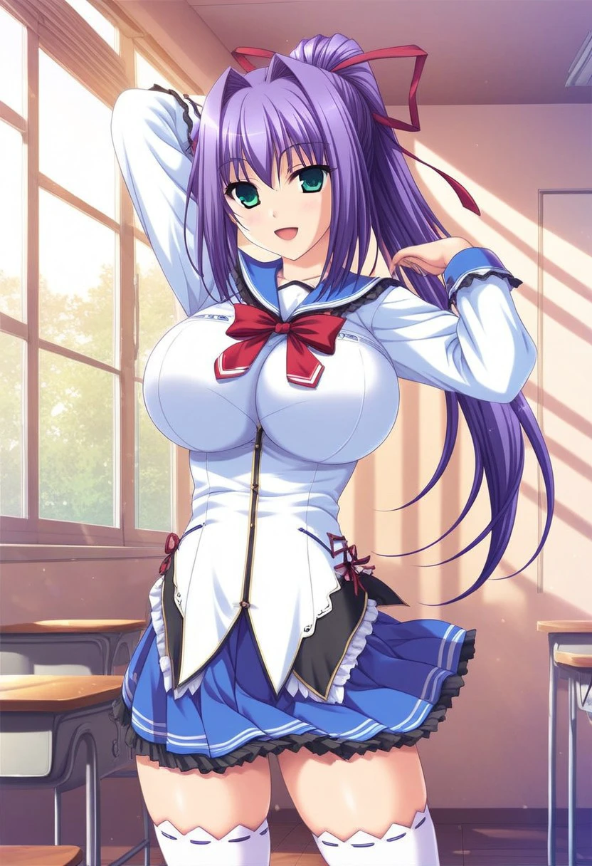 Lilyeri Bishop(Prison Battleship)、Purple hair、Green Eyes、Huge breasts、、Nipple piercing、Sexy Lingerie、High 、School classroom、Leg spread、Pussy、pubic hair、clitoris、Open neck、Open-chested、smile