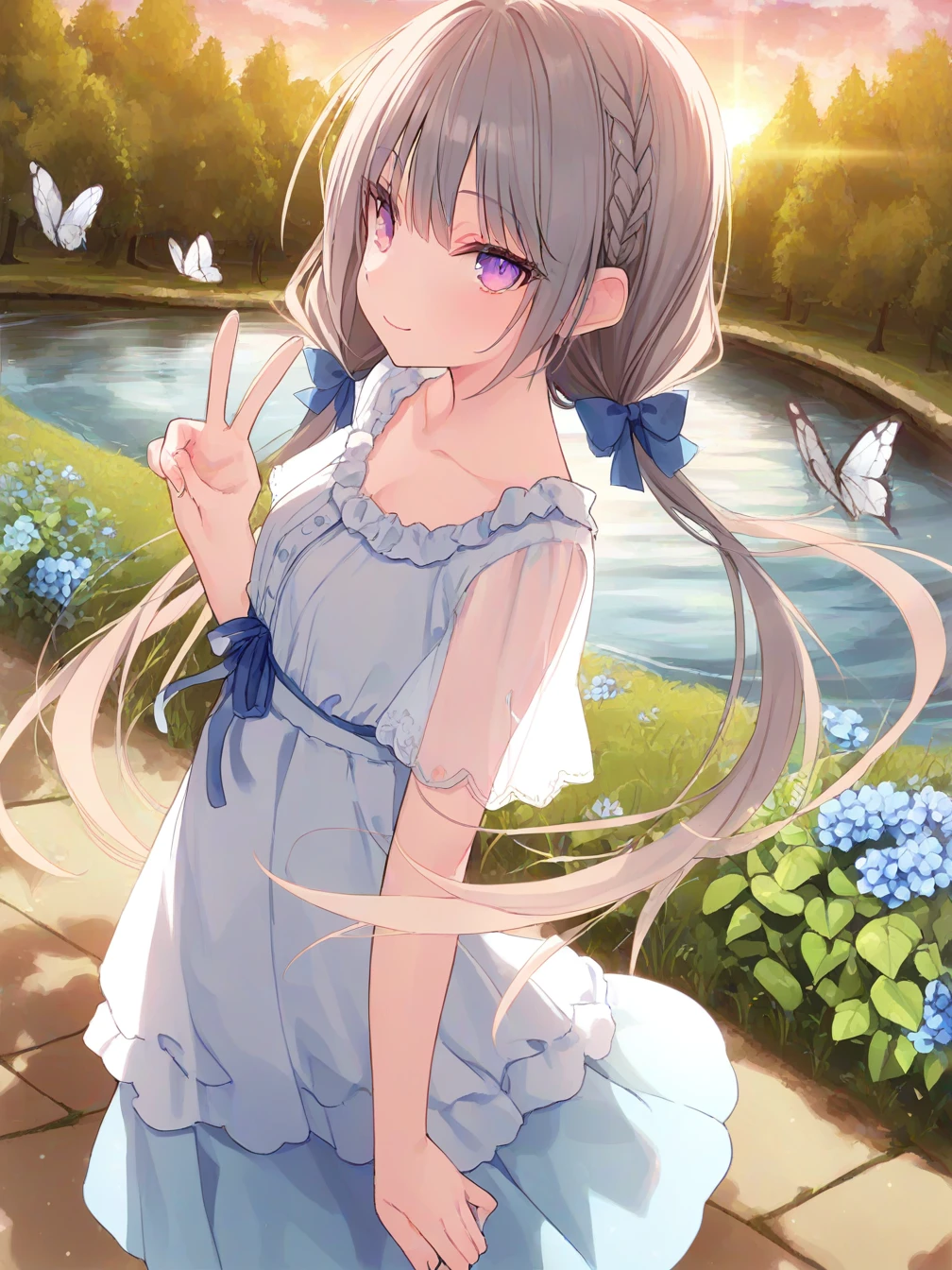 1girl,solo,hair bow,blue bow,twintails,low twintails,braid,long hair,grey hair,purple eyes,short sleeves,white dress,shirt,blue skirt,blue ribbon,see-through,see-through sleeves,collarbone,frills,small breasts,
standing,smile,v,hand up,looking at viewer,closed mouth,
park,flower,path,river,blue flower,tree,dusk,butterfly, bug, light rays,
from side,
<lora:ill-xl-01-rurudo_3-000034:1>,, masterpiece, best quality, newest,