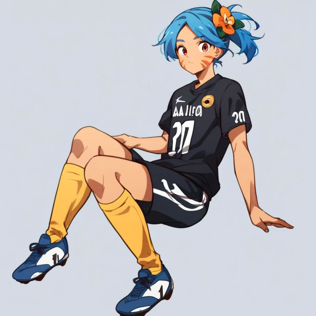 score_9, score_8_up, score_7_up, score_6_up, score_5_up, score_4_up, tiger lily, red eyes, blue hair, red face paint, flower, black soccer jersey, white soccer shorts, yellow socks, shin guards under socks, blue cleats