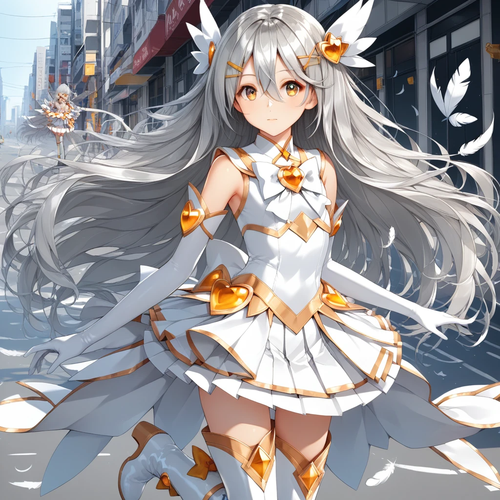 elbow gloves, Amber eyes, pleated skirt, frilled_boots, long hair, large bow, hair clip, hair between eyes, white feather, white skirt, thigh boots, white gloves, white bow, Magical Girl, hair ornament, golden brooch, miniskirt, , half-up hair, white top, (Silver hair:1.2), white back bow, white boots