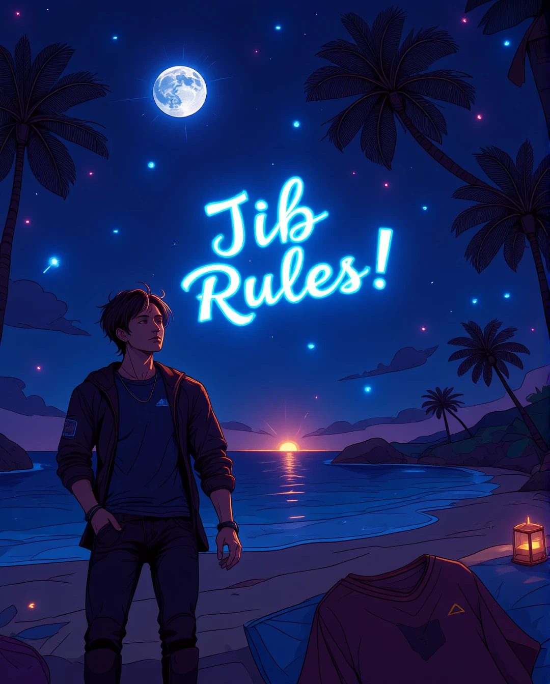 The text saying "Jib Rules!" in white light ,in long exposure light writing floating in the air on a dark moonlit beach