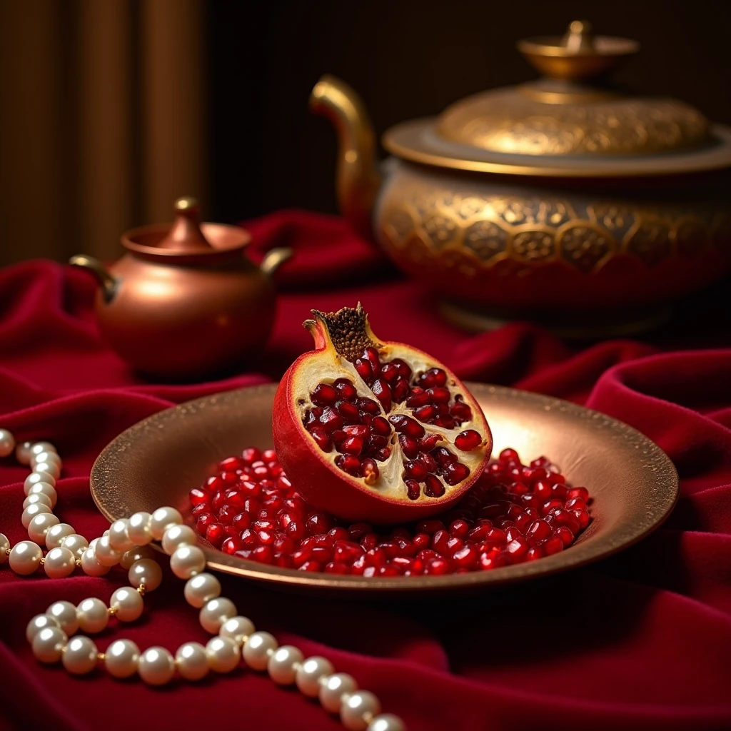 Pomegranate,. This is a high-resolution photo featuring rich textures and an artistic composition. The central focal point is a half-cut pomegranate, its bright red seeds scattered across a rustic copper plate. The plate is placed on a gorgeous red velvet fabric, adding a luxurious, opulent feel to the scene,
In the background, a golden ornate bowl with an intricate pattern rests on a wooden surface. The lid of the bowl is closed, suggesting a sense of anticipation or completion. Next to the bowl, a small round copper pot with a handle is partially visible, adding a touch of rustic charm. A string of white pearls rests gracefully on the velvet fabric, enhancing the elegance of the setting. The lighting is warm and soft, casting soft shadows and vividly highlighting textures and colors. The overall aesthetic is reminiscent of a still life painting, with a focus on rich, warm tones and intricate details.