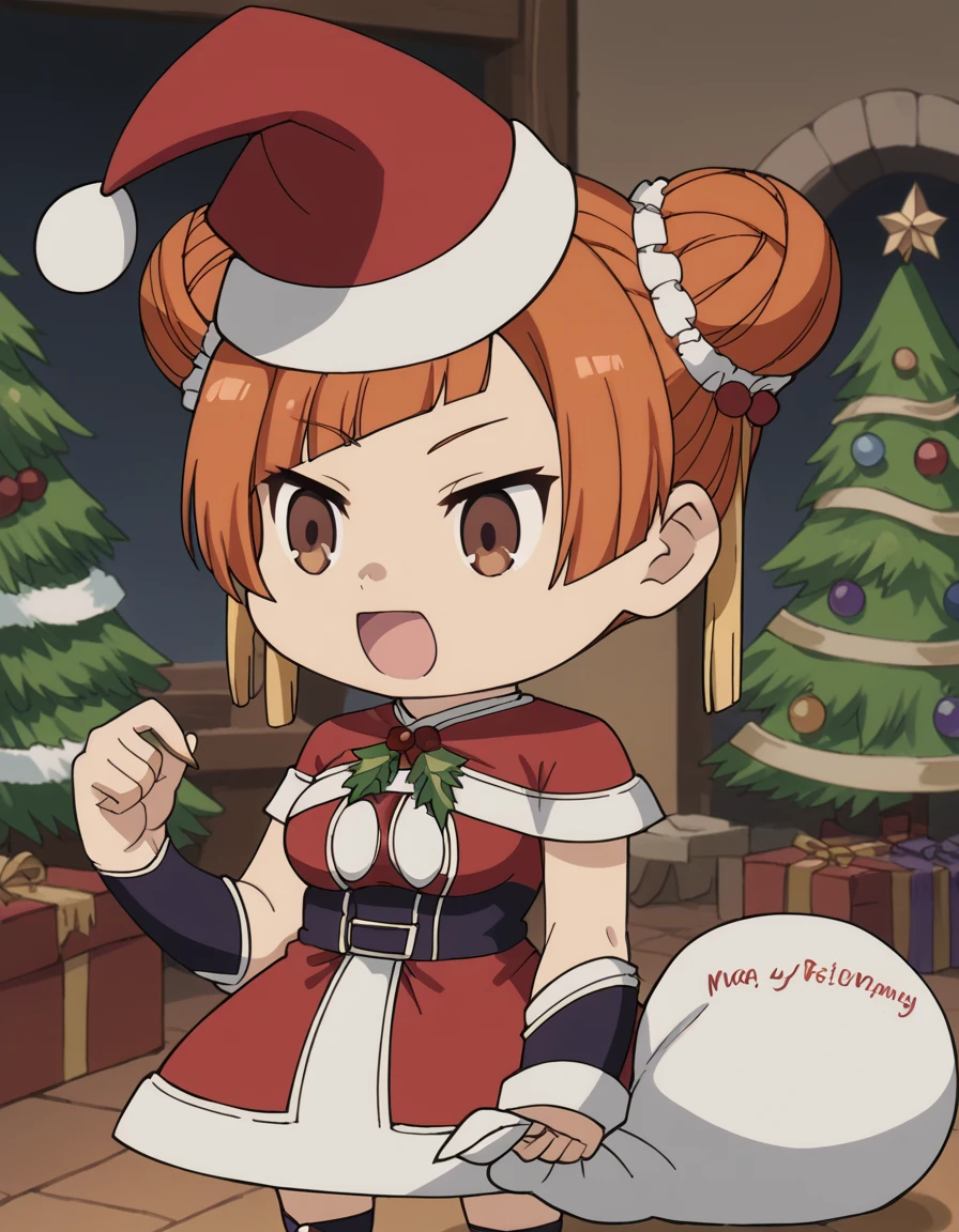 score_9, score_8_up, score_7_up, source_anime, <lora:laufen-s1-ponyxl-lora-nochekaiser:1>, laufen, hair bun, double bun, orange hair, brown eyes, hair ornament, medium breasts, anime screencap, <lora:padoru-ponyxl-lora-nochekaiser:1>, padoru, padoru (meme), holding sack, sack, santa hat, meme, christmas, open mouth, chibi, red capelet, santa dress, capelet, fur-trimmed headwear,, , dutch angle, cowboy shot