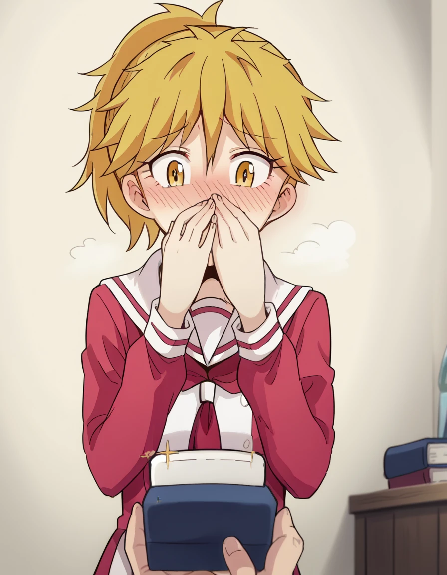 score_9, score_8_up, score_7_up, source_anime, <lora:yuuka-sasaki-s1-ponyxl-lora-nochekaiser:1>, yuuka sasaki, short hair, blonde hair, yellow eyes, ponytail, anime screencap, dress, school uniform, sailor dress, red neckerchief, white sailor collar,, bookstore, browsing shelves, new book smell, finding a favorite, quiet atmosphere, smile, <lora:ring-box-ponyxl-lora-nochekaiser:1>, ring box, holding box, pov, pov hands,, blush, covering mouth, embarrassed, blush, bed room,, looking down, cowboy shot,, looking at viewer, solo,, dutch angle, cowboy shot