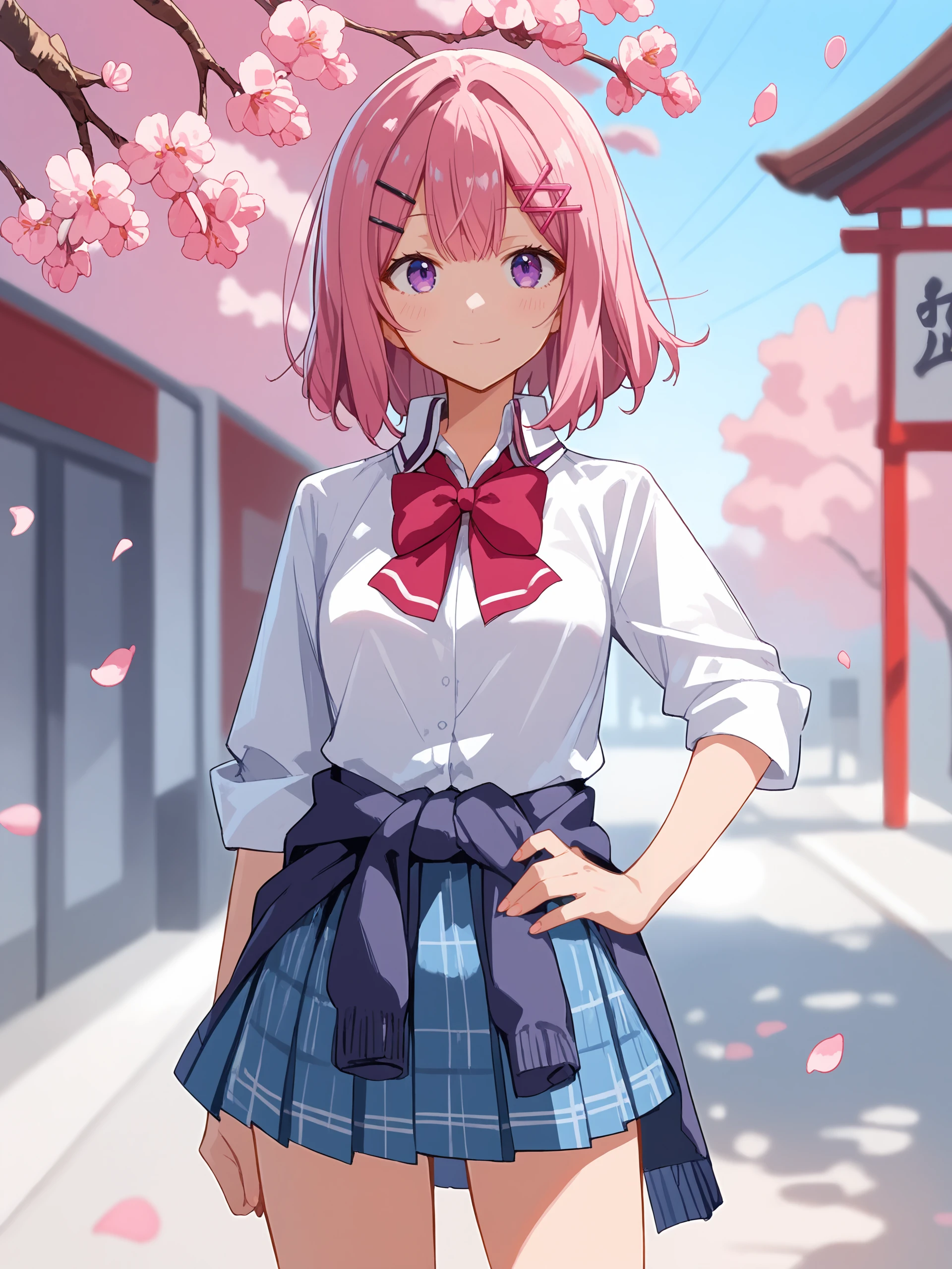 1girl, amaori renako, solo, purple eyes, hairclip, school uniform, pleated skirt, plaid skirt, white collared shirt, red bowtie, clothes around waist, hand on hip, looking at viewer, light smile, standing, cowboy shot, outdoors, street, cherry blossoms, petals, depth of field score_9, score_8_up, score_7_up, source_anime <lora:Char-Amaori_Renako-V1-pony:0.9>