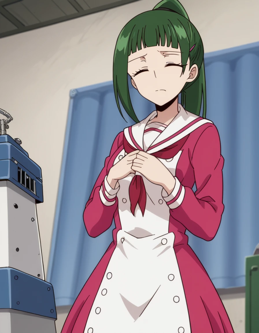 score_9, score_8_up, score_7_up, source_anime, <lora:fuuko-sorano-s1-ponyxl-lora-nochekaiser:1>, fuuko sorano, long hair, bangs, closed eyes, ponytail, green hair, blunt bangs, medium breasts, anime screencap, dress, school uniform, sailor dress, red neckerchief, white sailor collar,, factory, machines, workers, assembly, production, , hands on own chest,, looking at viewer, solo,, dutch angle, cowboy shot