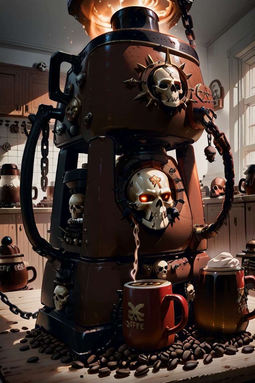 masterpiece, best quality,   Khrn, no humans, skull, chain, spikes, coffee machine, coffee mugs, kitchen, coffee beans,  <lora:KhorneWorldIXL_v2:1.0>,