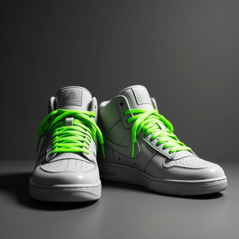 GrayscaleColorPop, A grayscale image showcasing a pair of high-end sneakers. The entire shoe is rendered in monochrome, except for the bright neon green laces, which create a striking contrast and emphasize the modern, sporty design. greyscale only with vibrant green. GrayscaleColorPop style <lora:GrayscaleColorPopTattooArt_Flux:1>