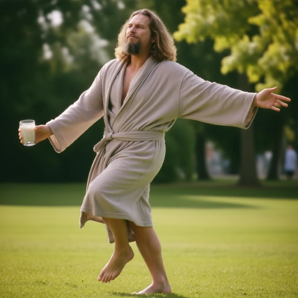 <lora:The DudeV2:0.89> the dude, full body, a man with long hair and beard. He wears a closed bathrobe and do yoga in a park. He holds a glass of milk