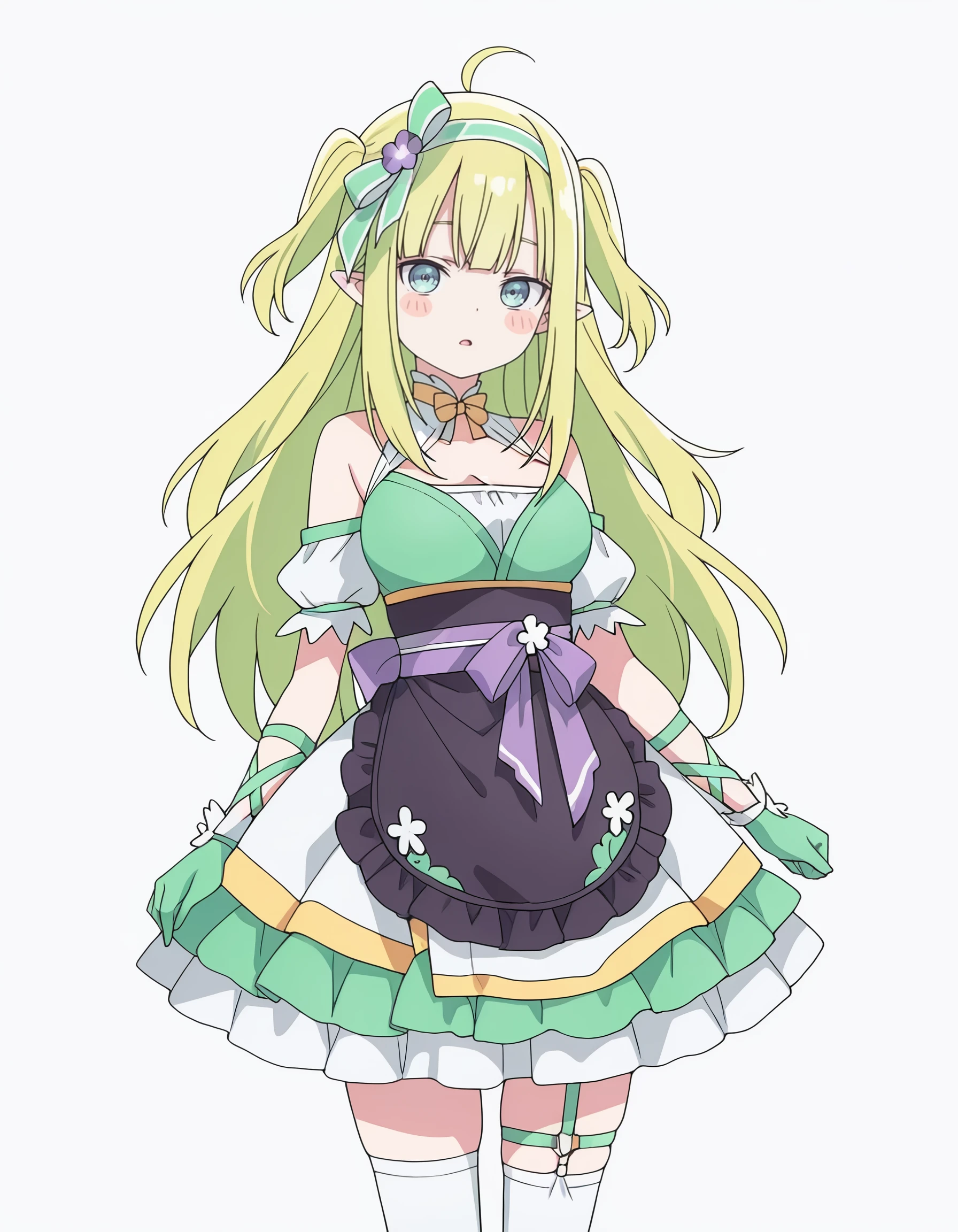 1girl, full body shot, from below, ((Chiffon from maimai, cosplay)), sleeveless, blonde, Cat ears, green eyes, fox tale, blush, nose blush, squatting, white panties, (Green maid outfit, Cream white apron),  (best quality, masterpiece,)