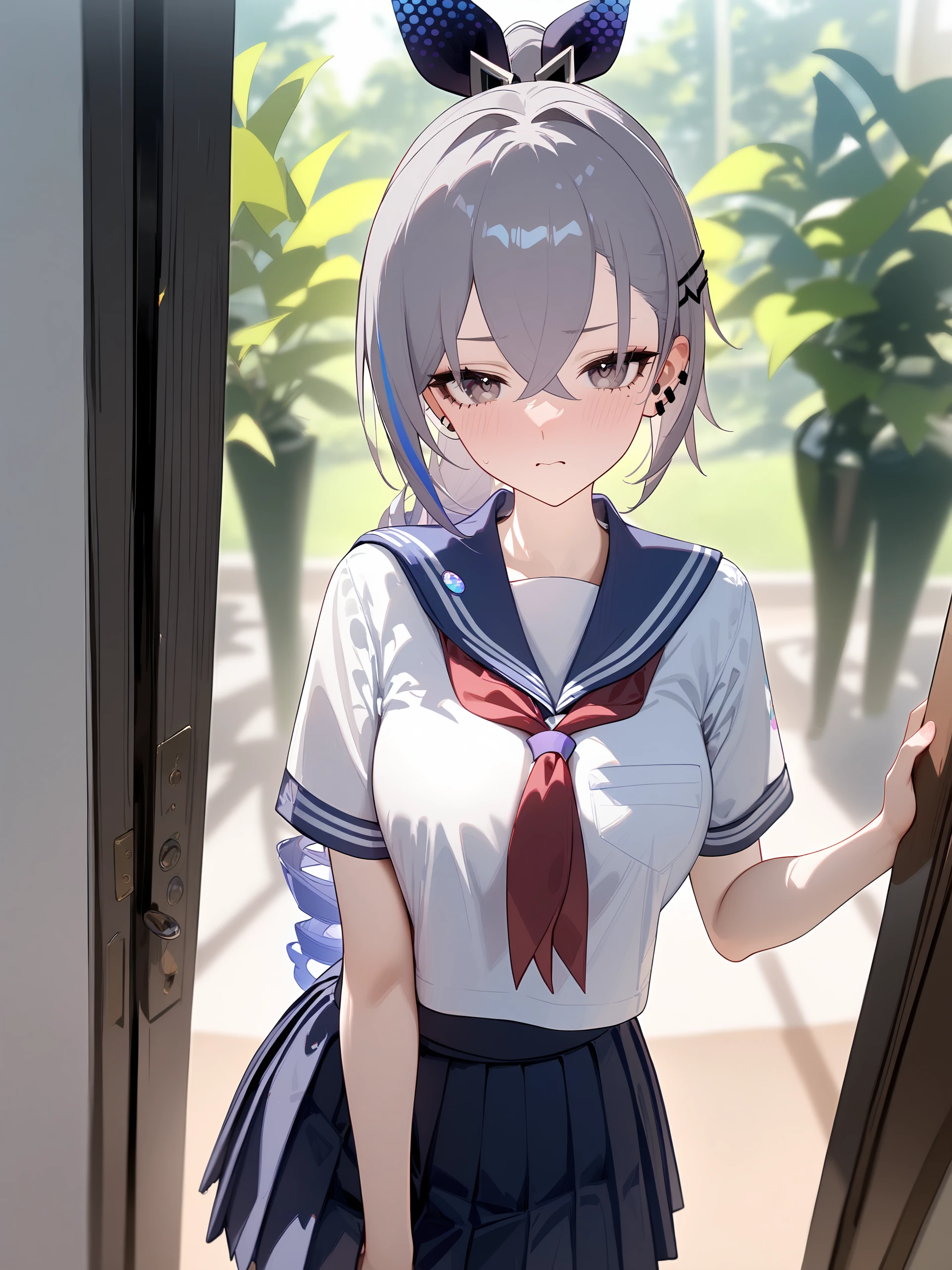 1girl, silver wolf \(honkai: star rail\), drill ponytail, school uniform, serafuku, sailor collar, pleated skirt, cowboy shot, shy, annoyed, blush, looking at viewer, hallway, school, indoors, depth of field <lora:Char-HonkaiSR-SilverWolf-V4-SDXL:0.9:hrunet=0.7>, illustration, incredibly absurdres, ultra detailed, masterpiece, best quality, perfect features, intricate details, ray tracing, very aesthetic, newest, <lora:XL-detailed_notrigger:0.95:hrunet=0.5>, <lora:XL-aesthetic_anime:1:hrunet=0.5>,<lora:XL-NAI3:0.7>