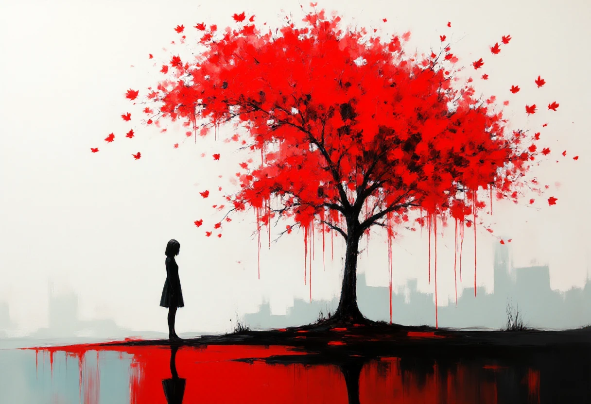 ff-crimsonacrylic. This is a digital painting with a surreal, abstract style, featuring a striking contrast between vibrant red and muted tones. The scene depicts a solitary figure standing on a small, dark, uneven ground, looking towards a large, abstract tree. The tree is a vibrant, exaggerated red, with branches extending in a wide, almost chaotic pattern, spilling out leaves and petals that create a dramatic silhouette against the sky. The tree's branches and leaves are stylized and exaggerated, with some dripping red paint-like effects, suggesting a surreal, almost dreamlike quality.  The figure, a silhouette of a woman, stands on the left side of the composition. She is dressed in a simple, knee-length black dress, which contrasts sharply with the red tree and the lighter background. The woman's posture is slightly bent, giving a sense of contemplation or longing.  The background is a gradient of light gray to white, with subtle brush strokes suggesting a foggy or misty atmosphere.
 <lora:Crimson_Acryllic_FLUX:1> ff-crimsonacrylic