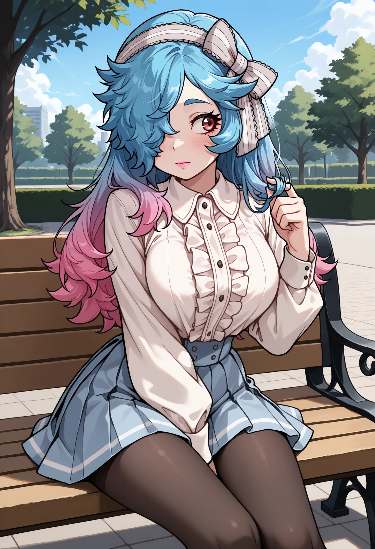 masterpiece, best quality, 1girl, sitting, pink lips, looking to the side, blush, hair twirling, hand between legs, <lora:PeriFE-illu:1> peri, gradient hair, blue hair, pink hair, long hair, hair down, hair over one eye, red eyes, striped hair bow, collared shirt, center frills, white shirt, long sleeves, pleated skirt, blue skirt, pantyhose, bench, park, sky