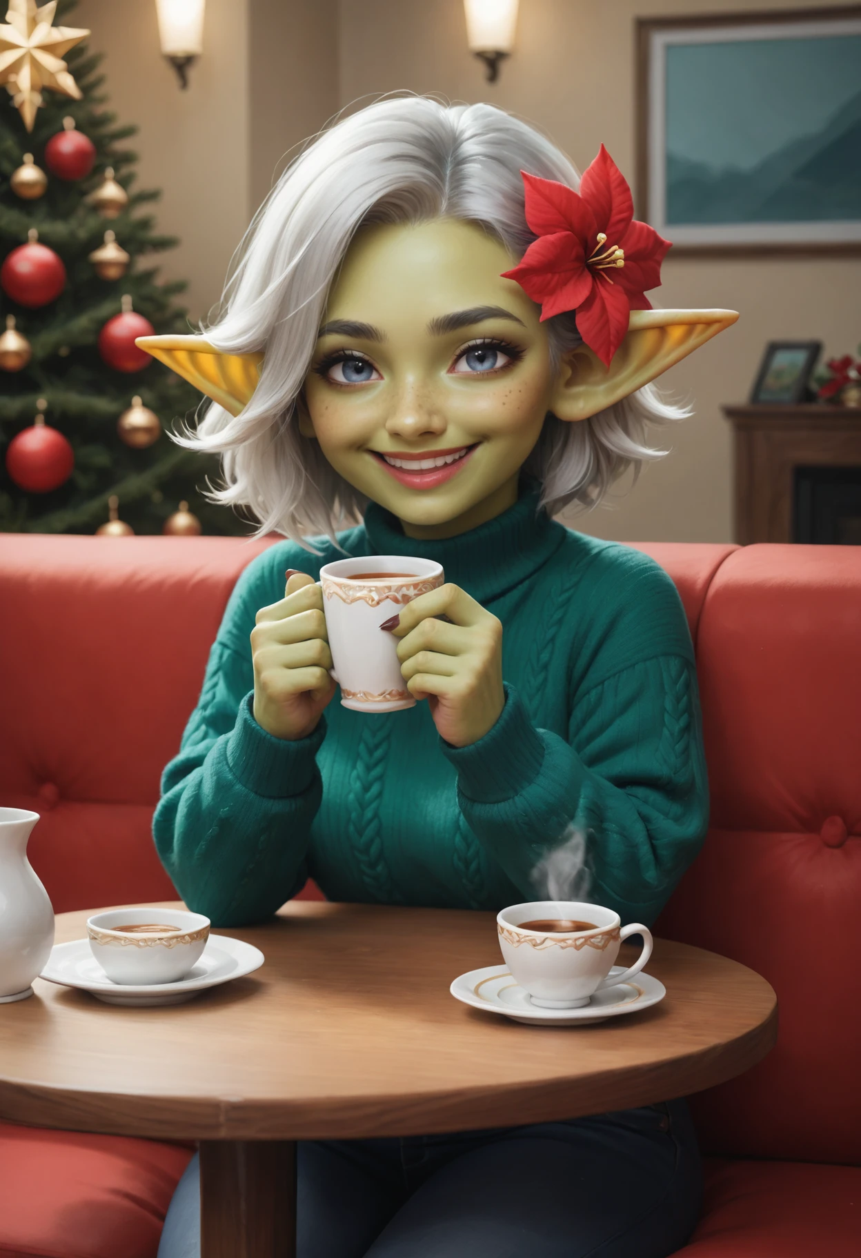 score_9, score_8_up, score_7_up, rating_safe, highly detailed, female, cute goblin, green skin, (platinum hair), sweater, pants, [smile], sitting on couch, hot cup of tea living room, BREAK, poinsettia, (red flower, flower pot on table), christmas, winter, close up <lora:Poinsettia_Pony:0.25>