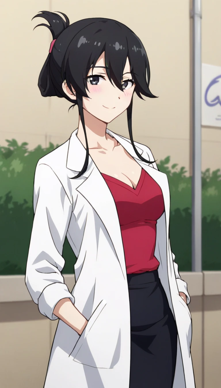 score_9,score_8_up,masterpiece,best quality,correct anatomy,anime_source,1girl,solo,alone,perfect eyes,perfect arms,perfect legs,perfect face,outdoors,upper body,(portrait:1.5),looking at viewer,facing viewer,smile,blush,Female doctor,black hair,long hair,folded ponytail,hair up,sidelocks,hair between eyes,bangs,black eyes,collarbone,labcoat,cleavage,red shirt,long sleeves,hands in pockets,medium breasts,skindentation,miniskirt,pencil skirt,black skirt,black pantyhose,high heels,black footwear,<lora:Female doctor(ek)-Pony:1.2>,