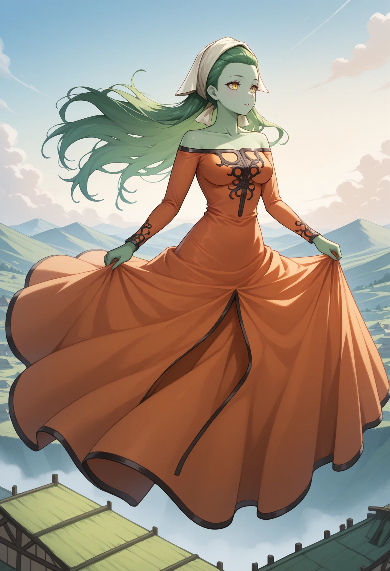 masterpiece, best quality, 1girl, full body, flying, midair, no legs, no feet, parted lips, looking afar, wind, long dress, skirt hold, <lora:SilkySMT-illu:1> slkSMT, green hair, long hair, headscarf, hair pulled back, colored skin, green skin, yellow eyes, orange dress, medium breasts, off-shoulder dress, collarbone, long sleeves, outdoors, village, sky, cloud