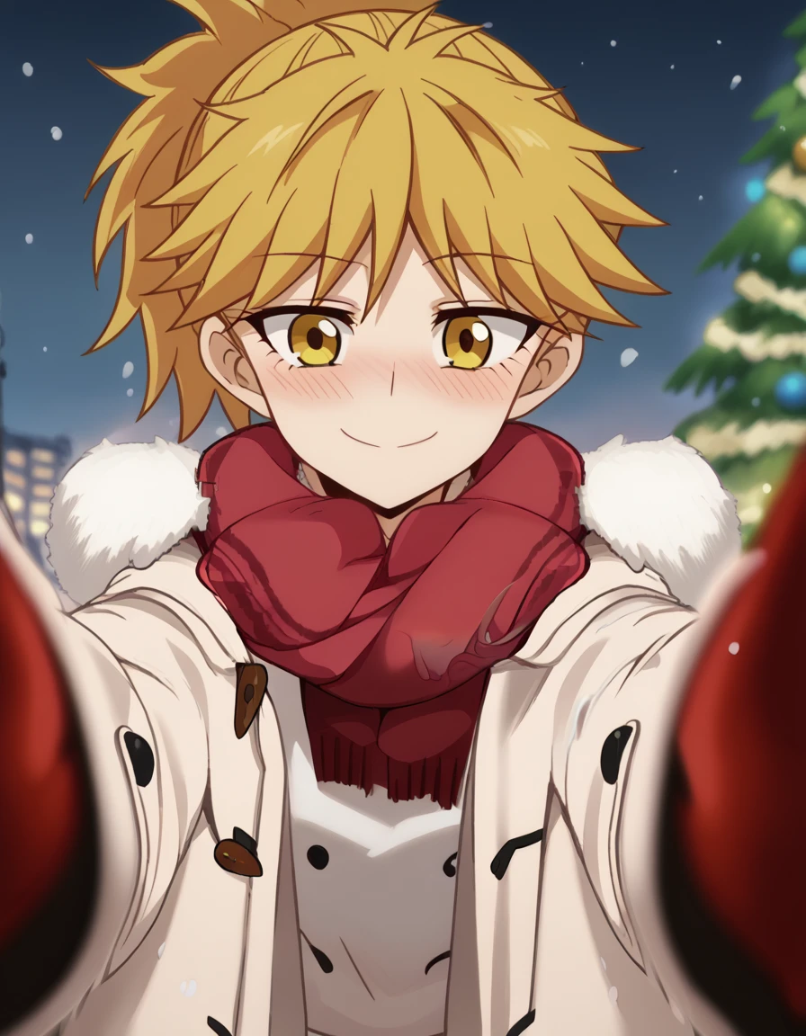 score_9, score_8_up, score_7_up, source_anime, <lora:yuuka-sasaki-s1-ponyxl-lora-nochekaiser:1>, yuuka sasaki, short hair, blonde hair, yellow eyes, ponytail, anime screencap, <lora:pov-cheek-warming-ponyxl-lora-nochekaiser:1>, pov cheek warming, pov cheek warming (meme), winter gloves, duffel coat, fur-trimmed scarf, winter clothes, red mittens, meme, winter coat, red scarf, fur-trimmed coat, reaching towards viewer, reaching, mittens, fur-trimmed hood, white coat, open coat, scarf, coat, red gloves, snowing, pov, fur trim, depth of field, smile, blush,, christmas, christmas tree, christmas lights,, , dutch angle, cowboy shot