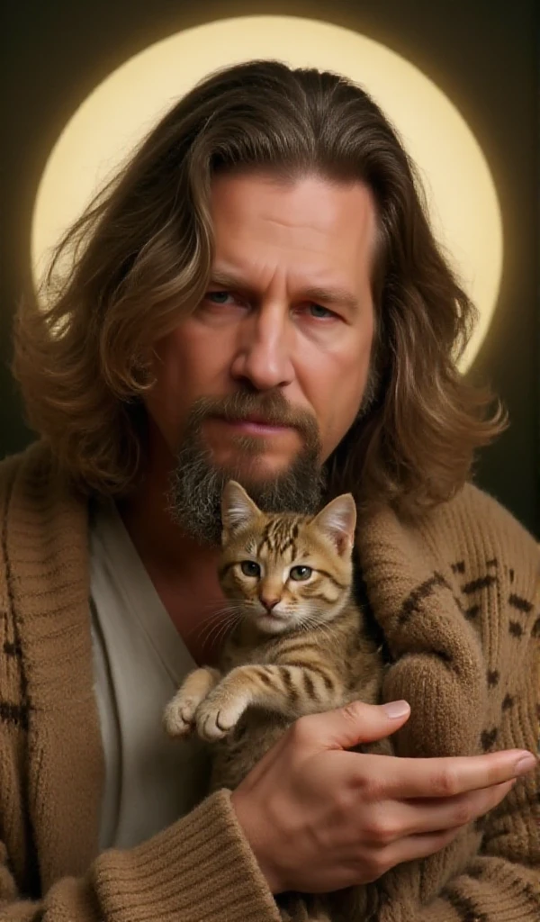 <lora:The DudeV2:0.89> the dude, full body, a man with long hair and beard. He holds a kitten, holy figure with a halo