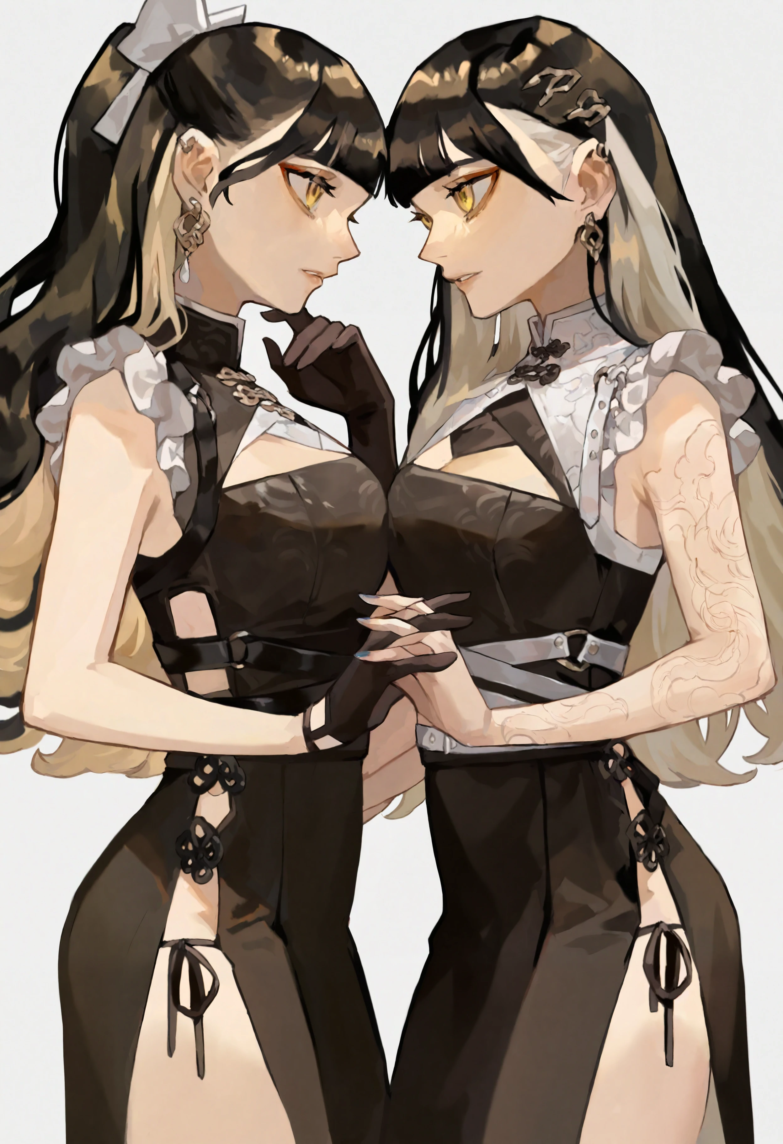 masterpiece, highres, absurdres, newest, very awa, simple background, perfect hands, detailed hands,  2girls, yellow eyes, long hair, multicolored hair, black hair, arm tattoo, black dress, black gloves, frilled dress, sleeveless, cleavage cutout, earrings, side cutout, side-tie dress,   hand on another's chin, looking at another, interlocked fingers,   <lora:sakauchi_waka>, <lora:spo_sdxl_10ep_4k-data_lora_webui>, <lora:ponyv5_noobV065S_1_adamW-000013:0.7>