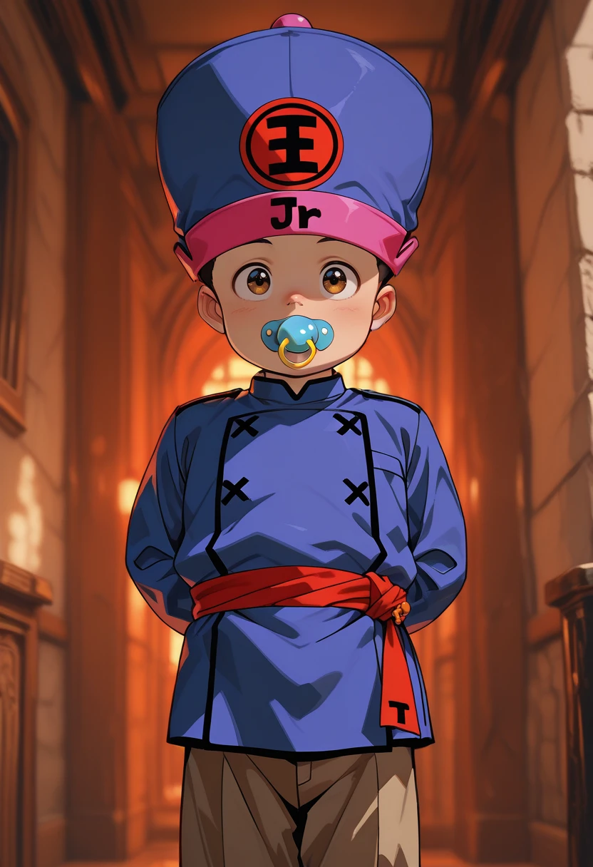 masterpiece, best quality, vibrant, very aesthetic, high contrast, 1boy, male , <lora:Koenma_ILLU:0.8> yknma_yyh, pacifier, headwear, arms behind back, brown pants, armory, portrait, masterwork, raytracing, highly detailed, absurdres, masterful composition, cinematic lighting, rim lighting